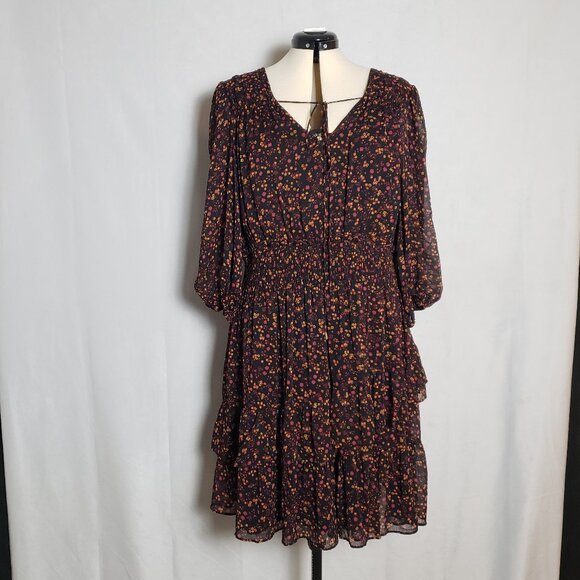 Taylor Ditsy Print Smocked Full Skirt Multicolor Black Tiered Peasant Dress 18W - Picture 1 of 16